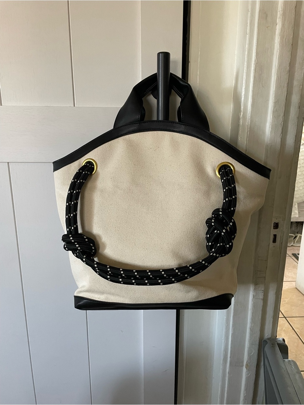 Canvas Tote Bag with Knotted Rope Handles - Cream and Black